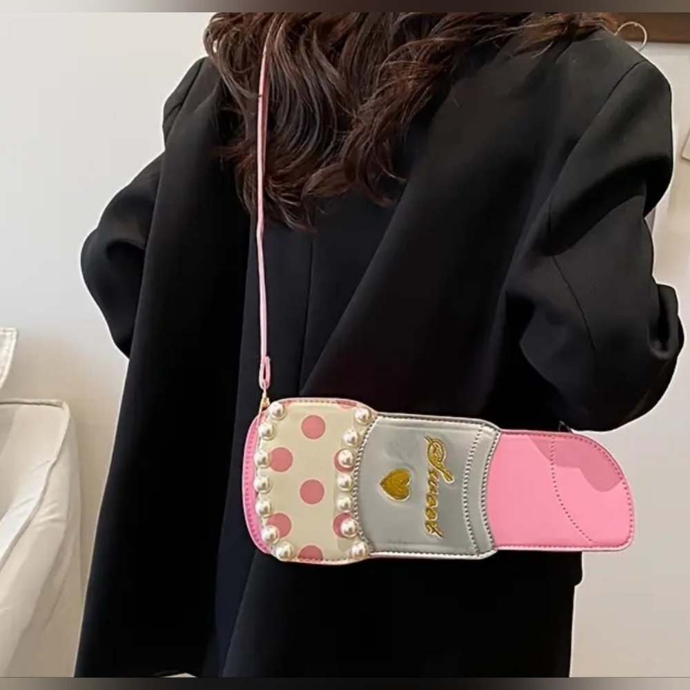 Pink and White Sweet Lipstick Handbag with Pearl Accents - Picture 2 of 3